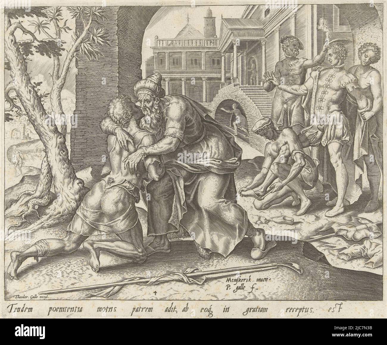 The prodigal son returns home and is welcomed by his father with open arms. His brothers help him into clean clothes. The old swineherd's clothes lie on the ground to the right. The Return of the Prodigal Son Parable of the Prodigal Son , print maker: Philips Galle, (mentioned on object), Maarten van Heemskerck, (mentioned on object), publisher: Theodoor Galle, (mentioned on object), print maker: Haarlem, publisher: Antwerp, c. 1596 - c. 1633, paper, engraving, h 207 mm × w 250 mm Stock Photo