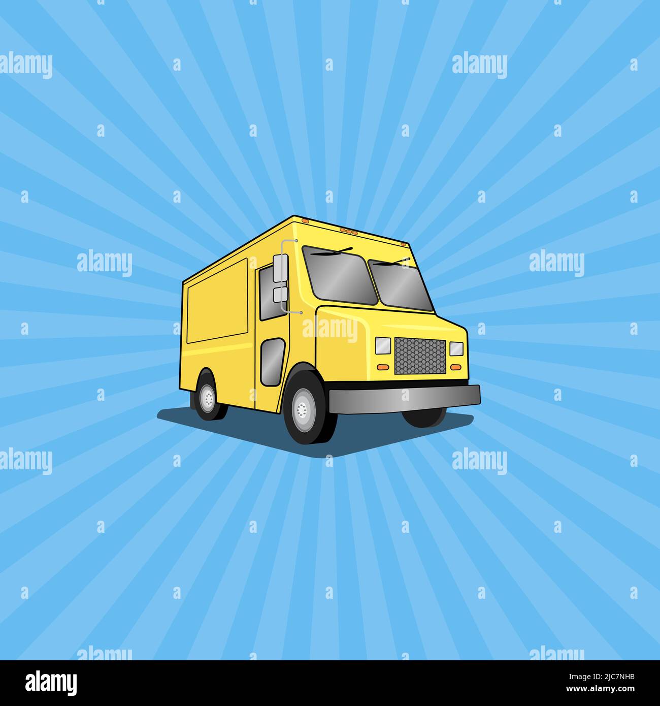 Yellow food truck with a blue background with light rays - Vector Illustration Stock Vector