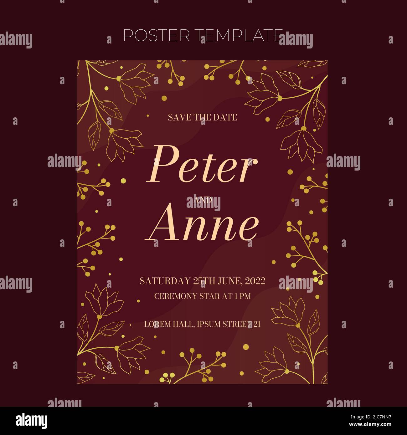 Floral wedding card invite template in elegant golden style, invitation  card design with gold flowers with leaves, dots and berries. Vector  decorative frame on rich red background Stock Vector Image \u0026 Art -, image size:1300x1390