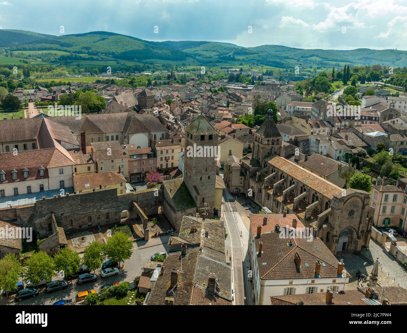 erial view of the Cluny Abbey a former Benedictine monastery in Romanesque architectural style in Cluny, Saône-et-Loire, France dedicated to Saint Pet Stock Photo