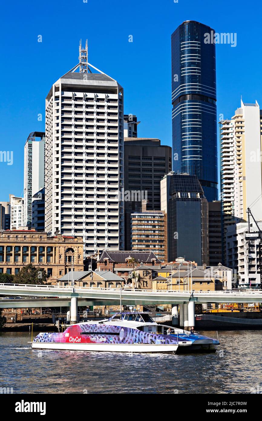 Brisbane Australia /  The Brisbane Skytower and  George Street Government Offices.CityCat Ferry on the Brisbane River. Stock Photo