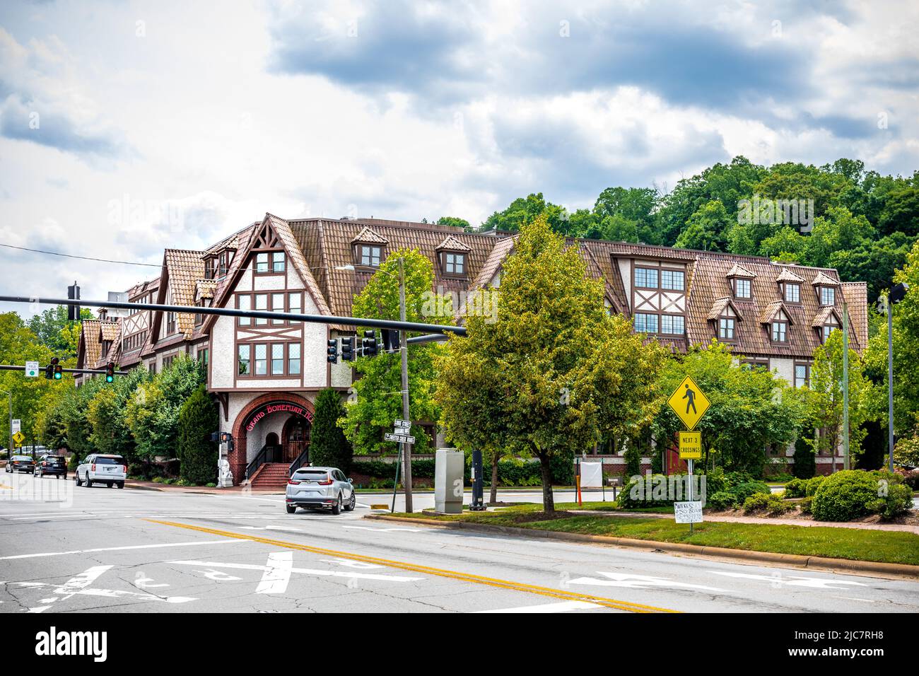 BILTMORE VILLAGE in ASHEVILLE, NC, USA-5 JUNE 2022: Grand Bohemian Hotel, showing entrance and chalet-style architecture. Stock Photo