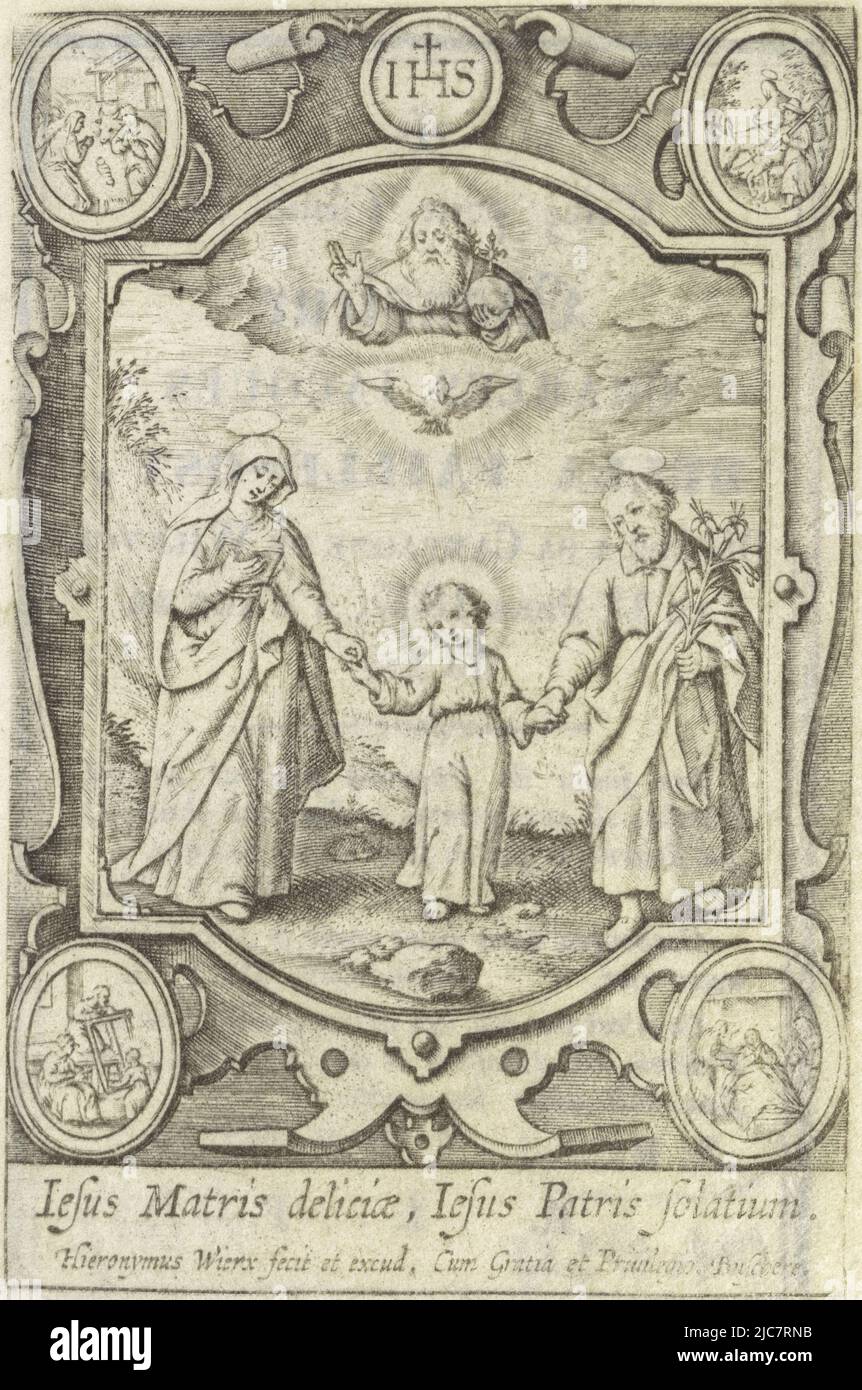 Landscape with the Christ Child, amidst Mary and Joseph. Above the Child, the Holy Spirit in the form of a dove and God the Father. The scene is framed in an ornamental frame surmounted by the monogram of Christ. In the corners medallions depicting the birth of Christ (upper left), the flight into Egypt (upper right), the holy family at work (lower left) and the death of Joseph (lower right). In the margin a caption in Latin, Earthly and Heavenly Trinity., print maker: Hieronymus Wierix, (mentioned on object), publisher: Hieronymus Wierix, (mentioned on object), Joachim de Buschere, (mentioned Stock Photo