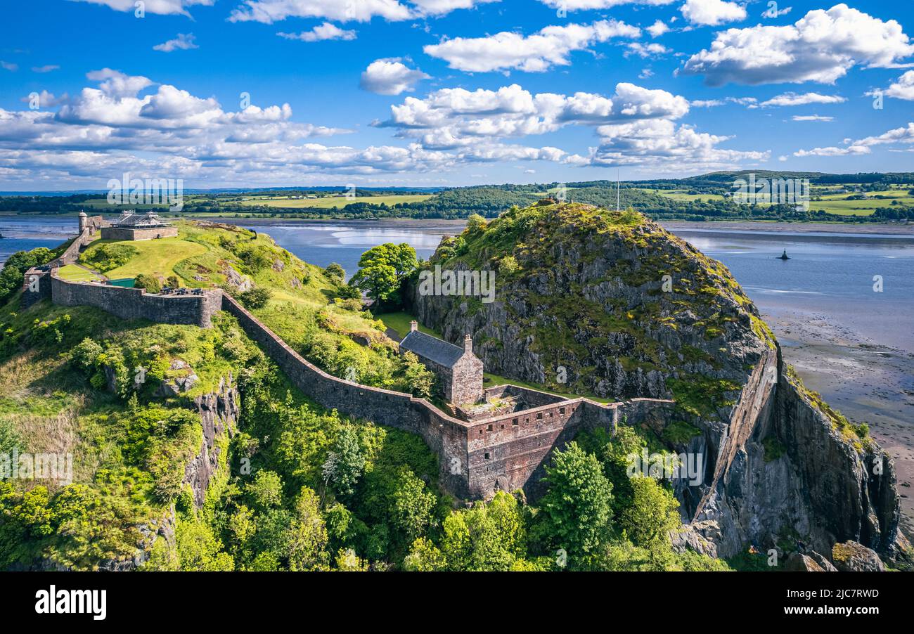 Dumbarton Castle over River Clyde and River Leven from a drone, Scotland, UK Stock Photo