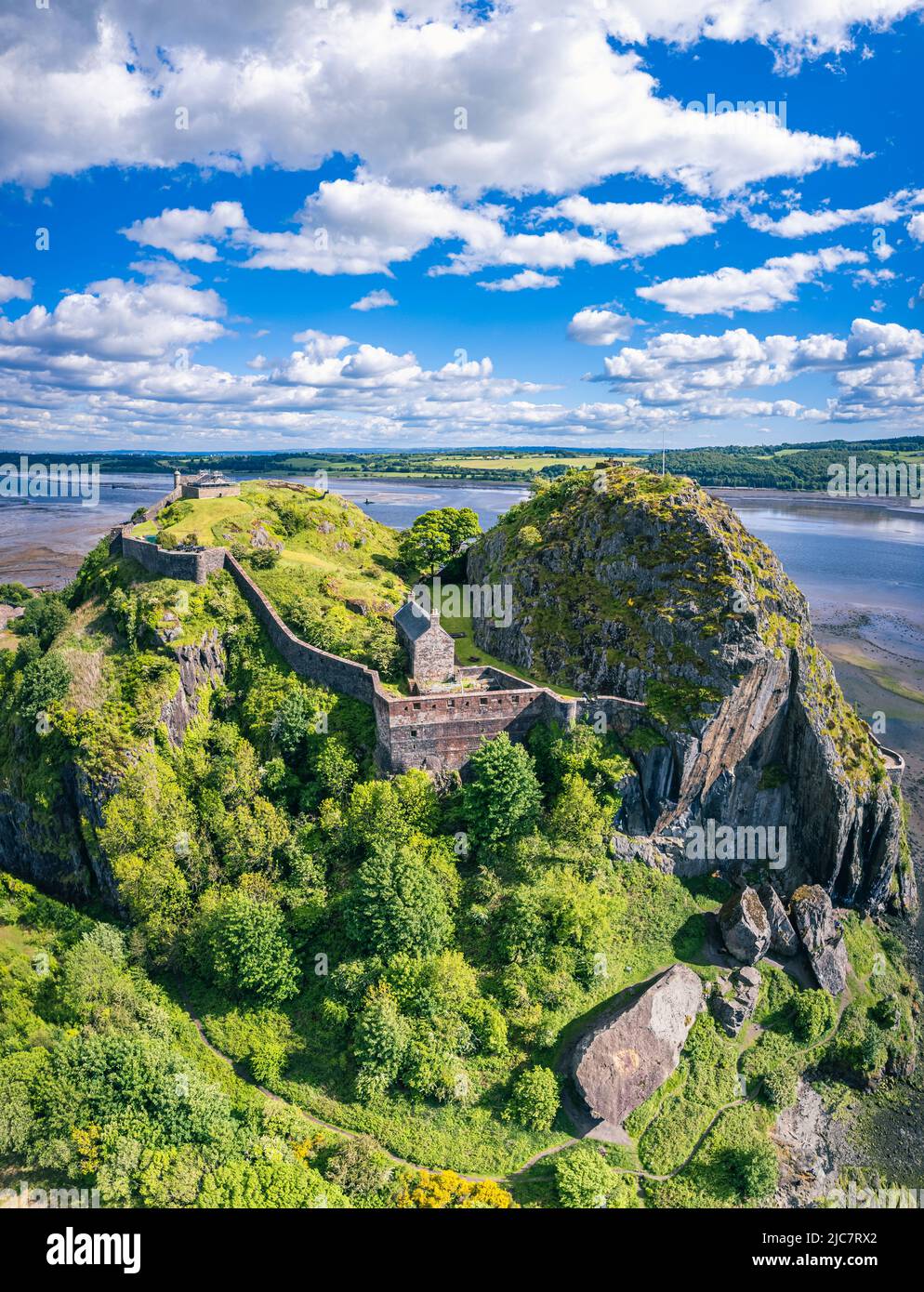 Dumbarton Castle over River Clyde and River Leven from a drone, Scotland, UK Stock Photo
