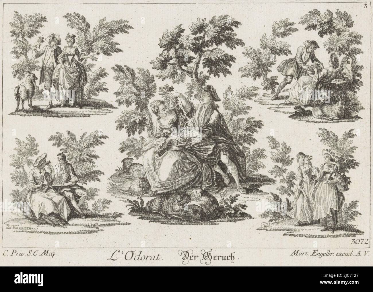 Five pastoral scenes of two people, relating to smell. Print number 3072. The smell L'Odorat, Der Geruch The senses , print maker: anonymous, publisher: Martin Engelbrecht, (mentioned on object), Keizerlijk hof, (mentioned on object), Augsburg, 1694 - 1756, paper, etching, h 150 mm × w 204 mm Stock Photo