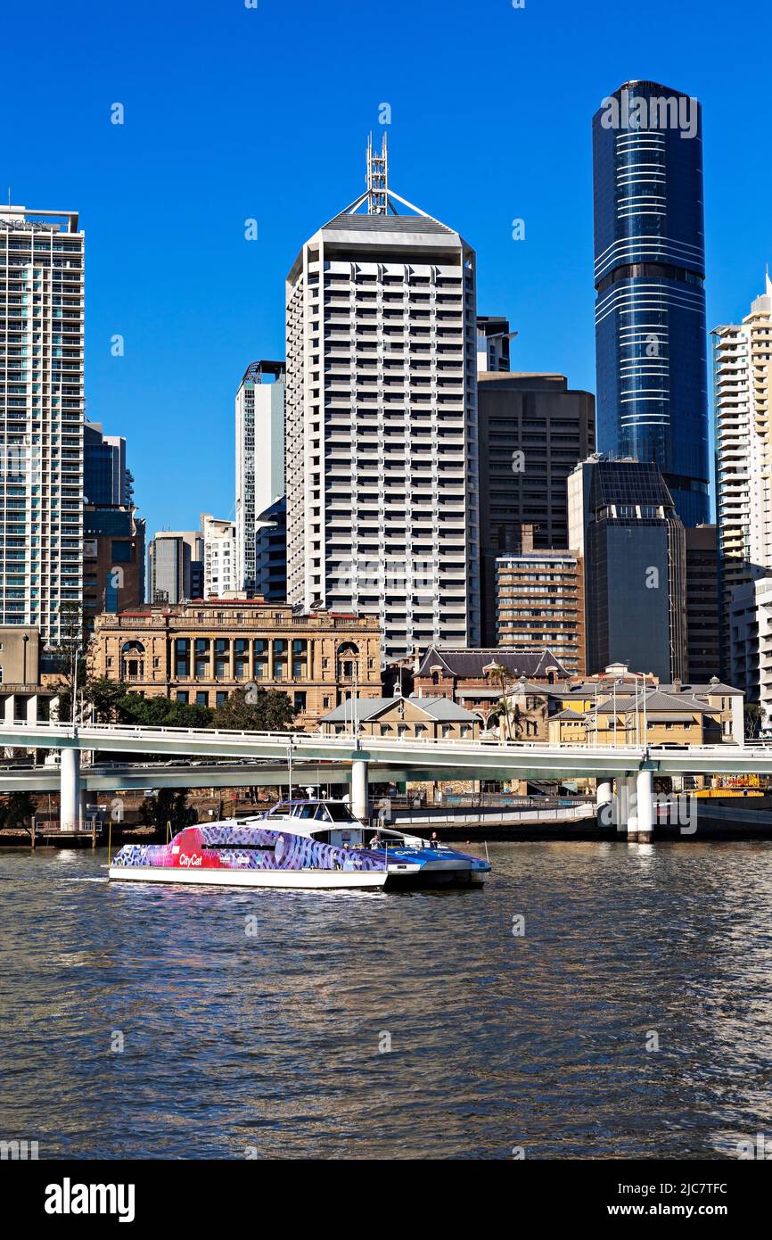 Brisbane Australia /  The Brisbane Skytower and  George Street Government Offices.CityCat Ferry on the Brisbane River. Stock Photo