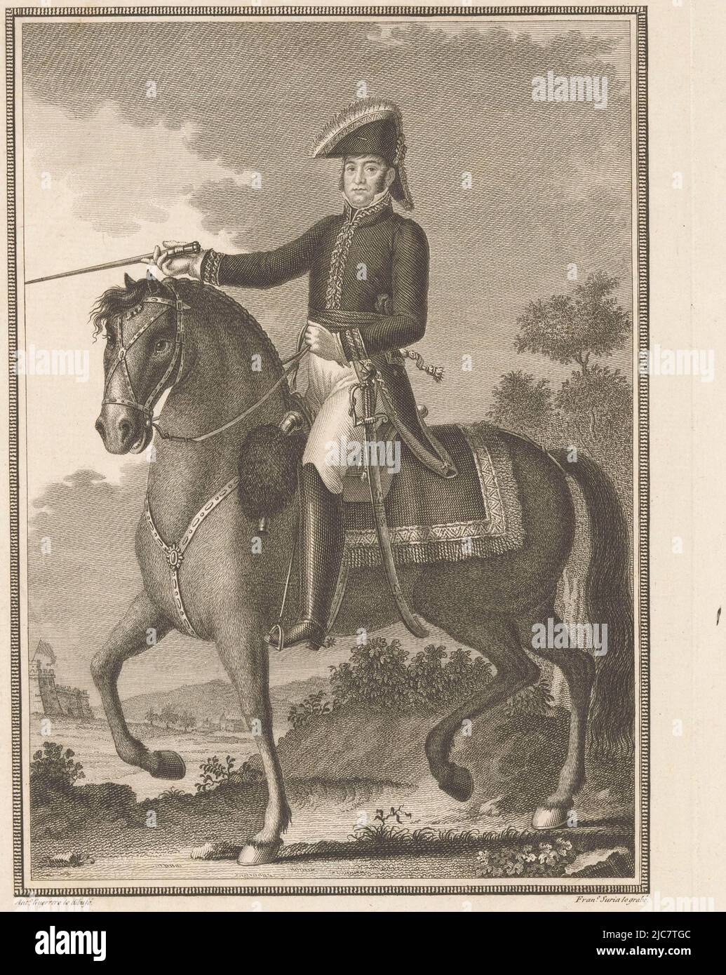 Equestrian portrait of Francisco Ballesteros, print maker: Francisco Suría, (mentioned on object), intermediary draughtsman: Antonio Guerrero, (mentioned on object), Spain, 1797 - 1836, paper, etching, h 286 mm × w 187 mm Stock Photo