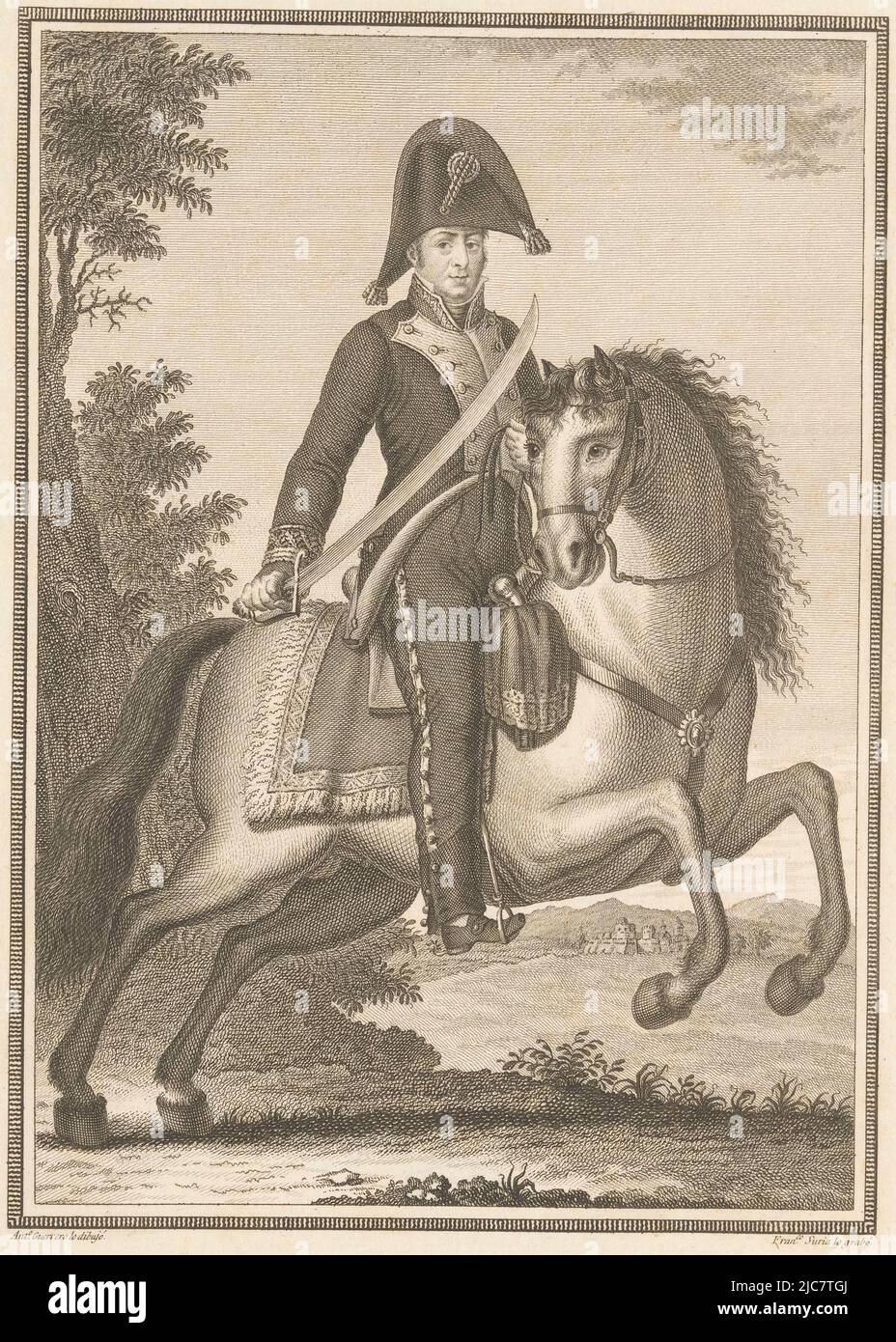 Equestrian portrait of Francisco Robira, print maker: Francisco Suría, (mentioned on object), intermediary draughtsman: Antonio Guerrero, (mentioned on object), Spain, 1797 - 1836, paper, etching, h 291 mm × w 188 mm Stock Photo