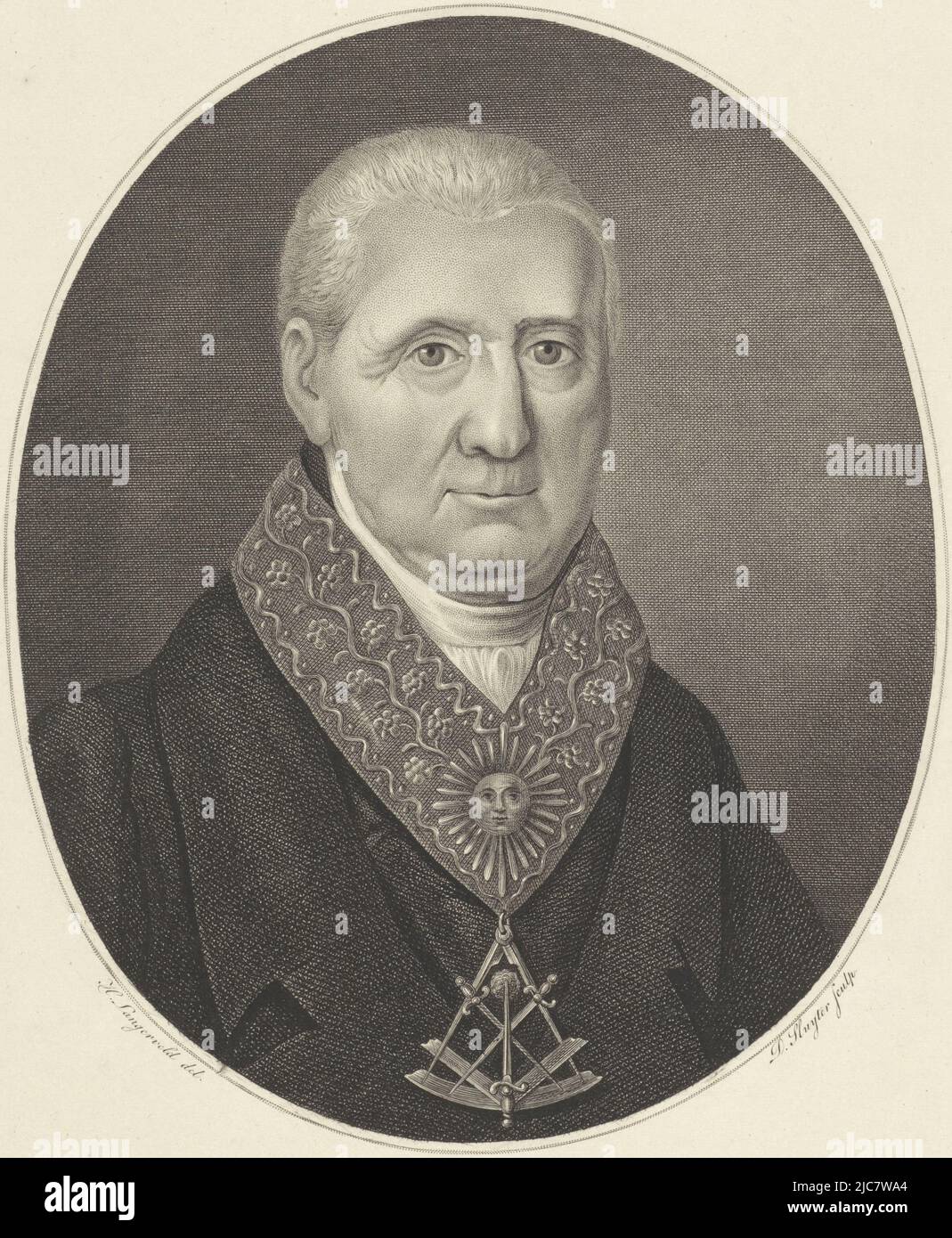 Portrait of Freemason Hagen, print maker: Dirk Sluyter, (mentioned on object), intermediary draughtsman: Harmanus Langerveld, (mentioned on object), A.G. Calmer, (mentioned on object), print maker: Amsterdam, intermediary draughtsman: Amsterdam, publisher: The Hague, 1828, paper, etching, engraving, h 392 mm × w 287 mm Stock Photo