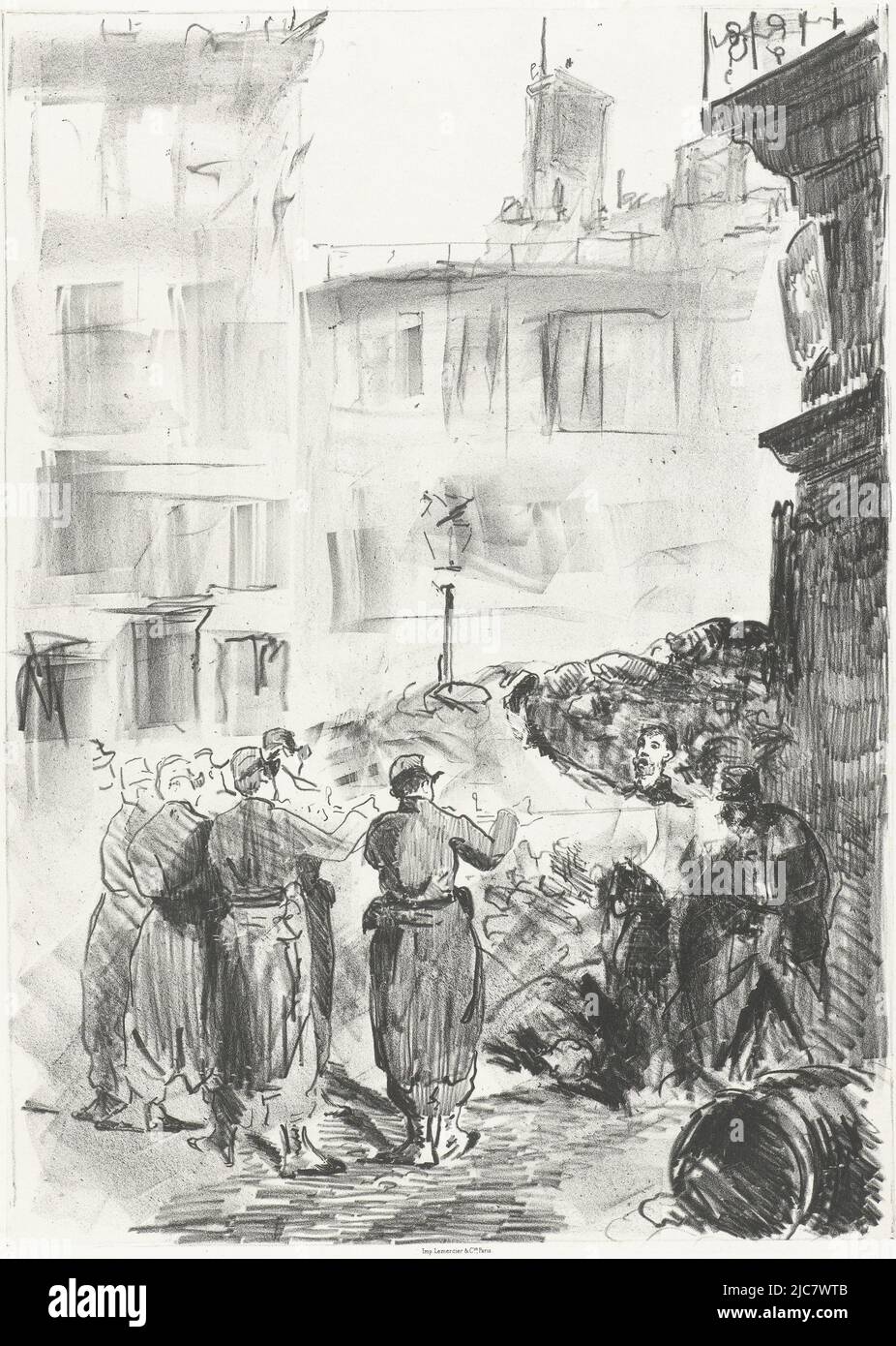 In a street of Paris at a blockade, during the Franco-Prussian War in 1871, three men, supporters of Paris Commune, are shot. The lively linework created by various applications of chalk to the stone give the impression of an on-the-spot work. Execution by firing squad of supporters of Paris Commune La Barricade, print maker: Edouard Manet, intermediary draughtsman: Edouard Manet, printer: Lemercier & Cie., (mentioned on object), Paris, 1871 Stock Photo