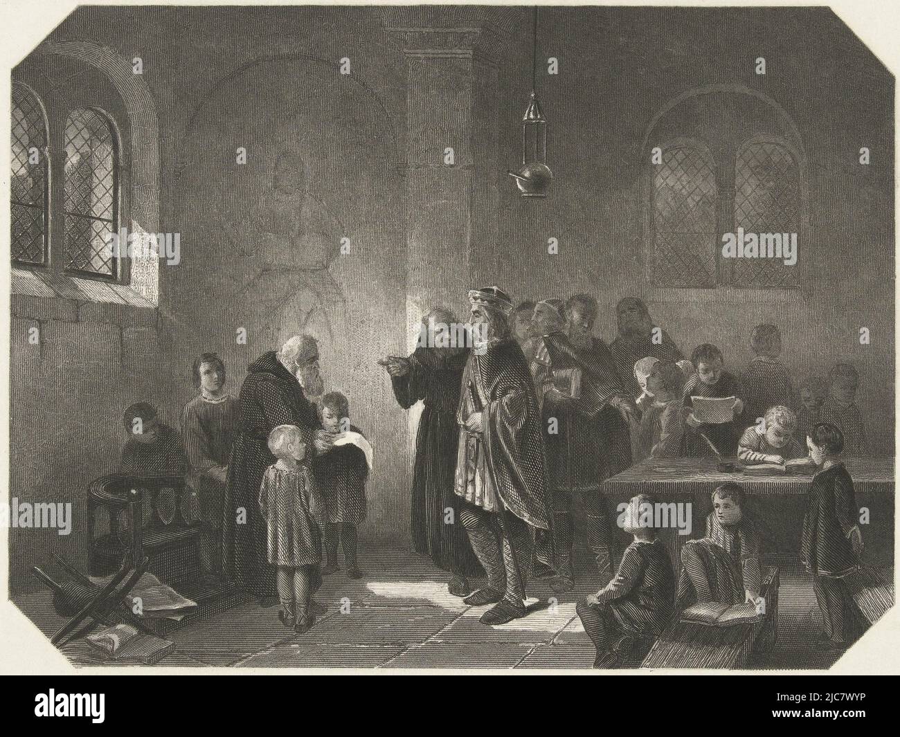 Emperor Charlemagne visiting the St. Martin school in Utrecht in 790. Pupils working on reading and writing. Charlemagne visiting St. Martin's School in Utrecht, 790, print maker: Christiaan Lodewijk van Kesteren, (mentioned on object), after: Mari ten Kate, (mentioned on object), Netherlands, 1865 - 1870, paper, steel engraving, h 190 mm × w 240 mm Stock Photo