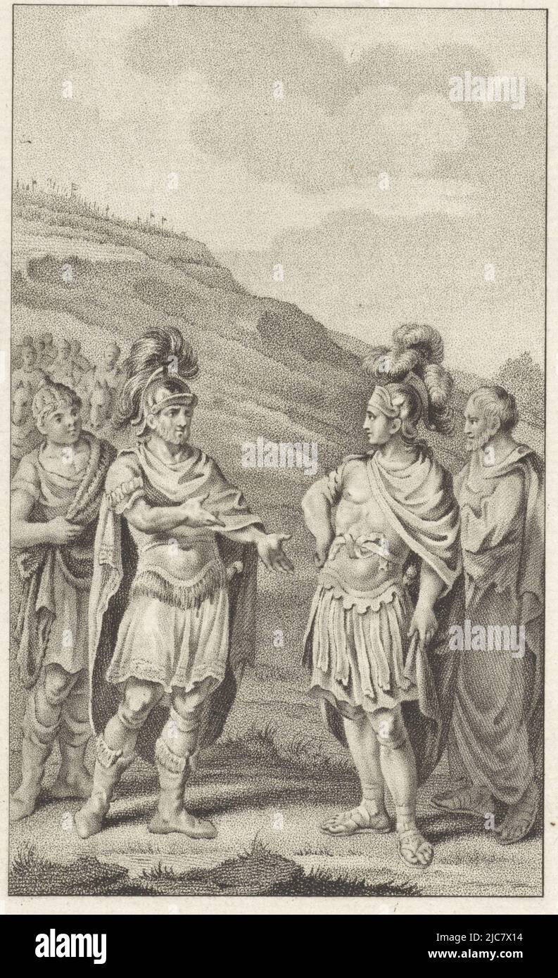 Scipio and Hannibal, the army commanders of Rome and Carthage, meet prior to the battle of Zama. Negotiations come to nothing, Meeting between Scipio and Hannibal, print maker: Ludwig Gottlieb Portman, intermediary draughtsman: Jacobus Buys, Amsterdam, 1796, paper, h 222 mm × w 134 mm Stock Photo