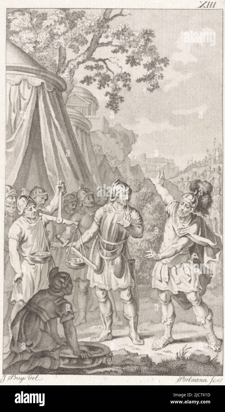 Brennus and the Romans agreed to end the siege of the Gauls if the Romans would pay one thousand pounds in gold. A large scale was placed on which the Gauls placed weights. Brennus became enraged when the Romans suggested that the Gauls were using false weights. At this he threw his own sword still at the weight as additional punishment and spoke the words: Vae victis! (Woe to the vanquished!), Brennus places his sword on the scales, print maker: Ludwig Gottlieb Portman, (mentioned on object), intermediary draughtsman: Jacobus Buys, (mentioned on object), Amsterdam, 1794, paper, h 214 mm × w Stock Photo