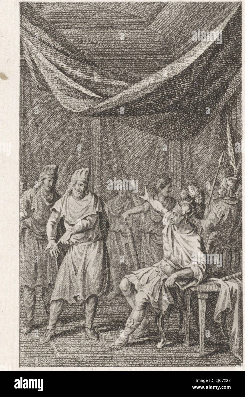The Parthian general of the field, Vagises, points to the inside of his hand. He tells Marcus Licinius Crassus that hair will grow on his hand even faster than Crassus will reach Seleucia. Marcus Licinius Crassus laughed at by Parthian envoys, print maker: Ludwig Gottlieb Portman, intermediary draughtsman: Jacobus Buys, Amsterdam, 1800, paper, etching, h 217 mm × w 133 mm Stock Photo