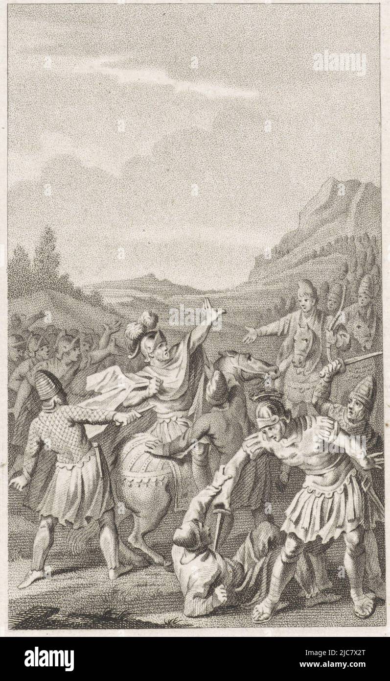Pomaxaethres, a Parthian soldier, kills Crassus who is trying to flee on horseback. Octavius stabs a stablehand and at the same time is himself attacked from behind by the enemy, Death of Marcus Licinius Crassus, print maker: Ludwig Gottlieb Portman, intermediary draughtsman: Jacobus Buys, Amsterdam, 1800, paper, etching, h 217 mm × w 133 mm Stock Photo