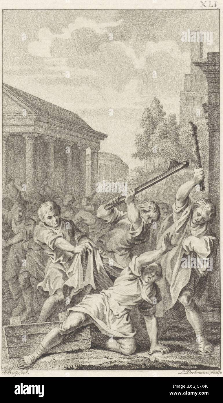 During a meeting on the Capitol, Tiberius Sempronius Gracchus III, on the orders of his nephew Scipio Nasica, is beaten to death by men with sticks. Murder of Tiberius Gracchus, print maker: Ludwig Gottlieb Portman, (mentioned on object), intermediary draughtsman: Jacobus Buys, (mentioned on object), Amsterdam, 1797, paper, etching, h 206 mm × w 133 mm Stock Photo