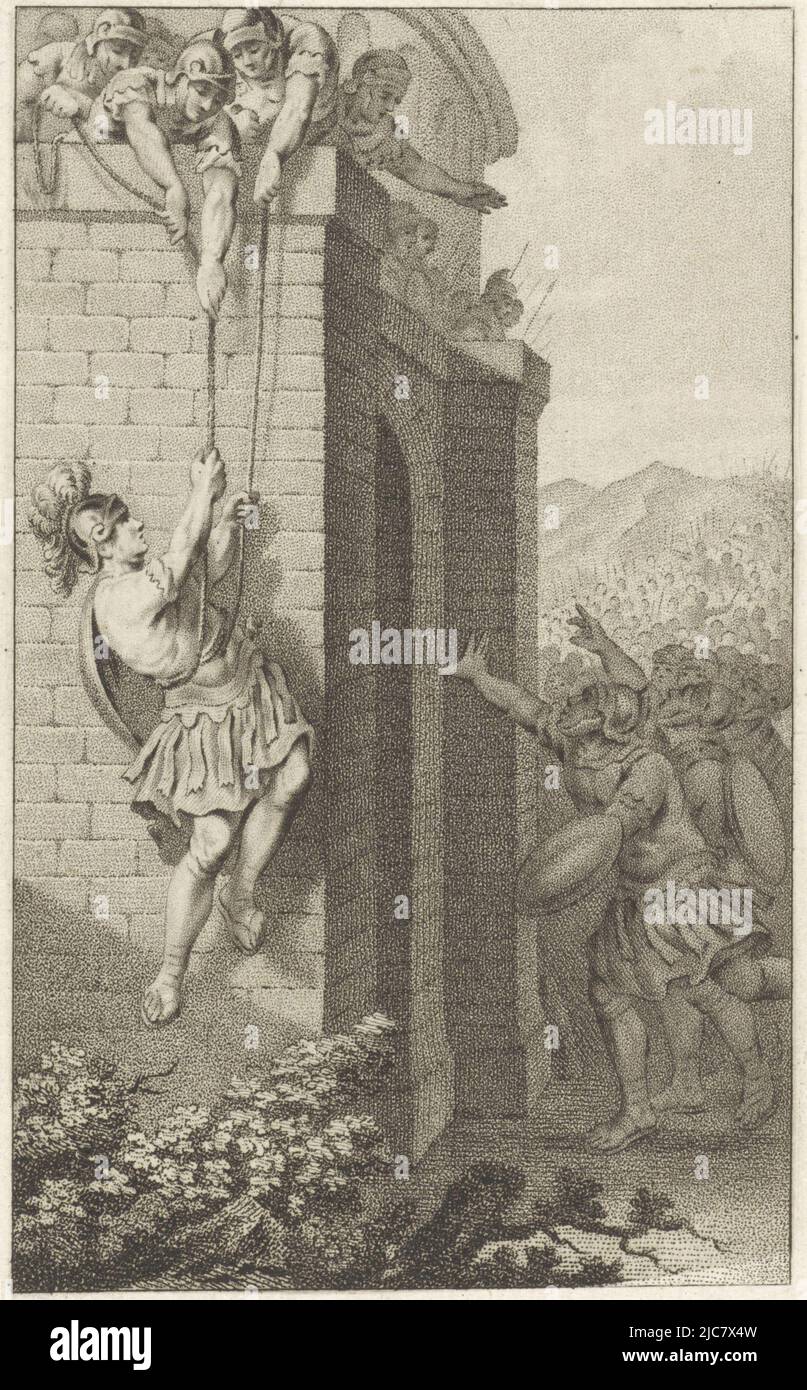 Marius the Younger is pulled onto the city wall with a rope by the citizens of Praeneste. The city gates are closed to keep Sulla's armies out, Marius retreats to Praeneste, print maker: Ludwig Gottlieb Portman, intermediary draughtsman: Jacobus Buys, Amsterdam, 1798, paper, etching, h 208 mm × w 134 mm Stock Photo