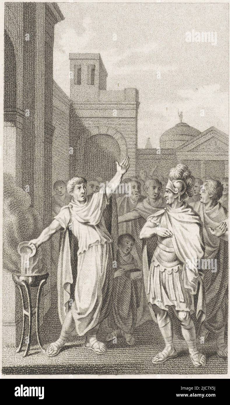At the city gate, Pompey pours wine into a brazier with fire and simultaneously pronounces a curse on Marcus Licinius Crassus, Marcus Licinius Crassus leaves Rome, print maker: Ludwig Gottlieb Portman, intermediary draughtsman: Jacobus Buys, Amsterdam, 1800, paper, h 209 mm × w 134 mm Stock Photo
