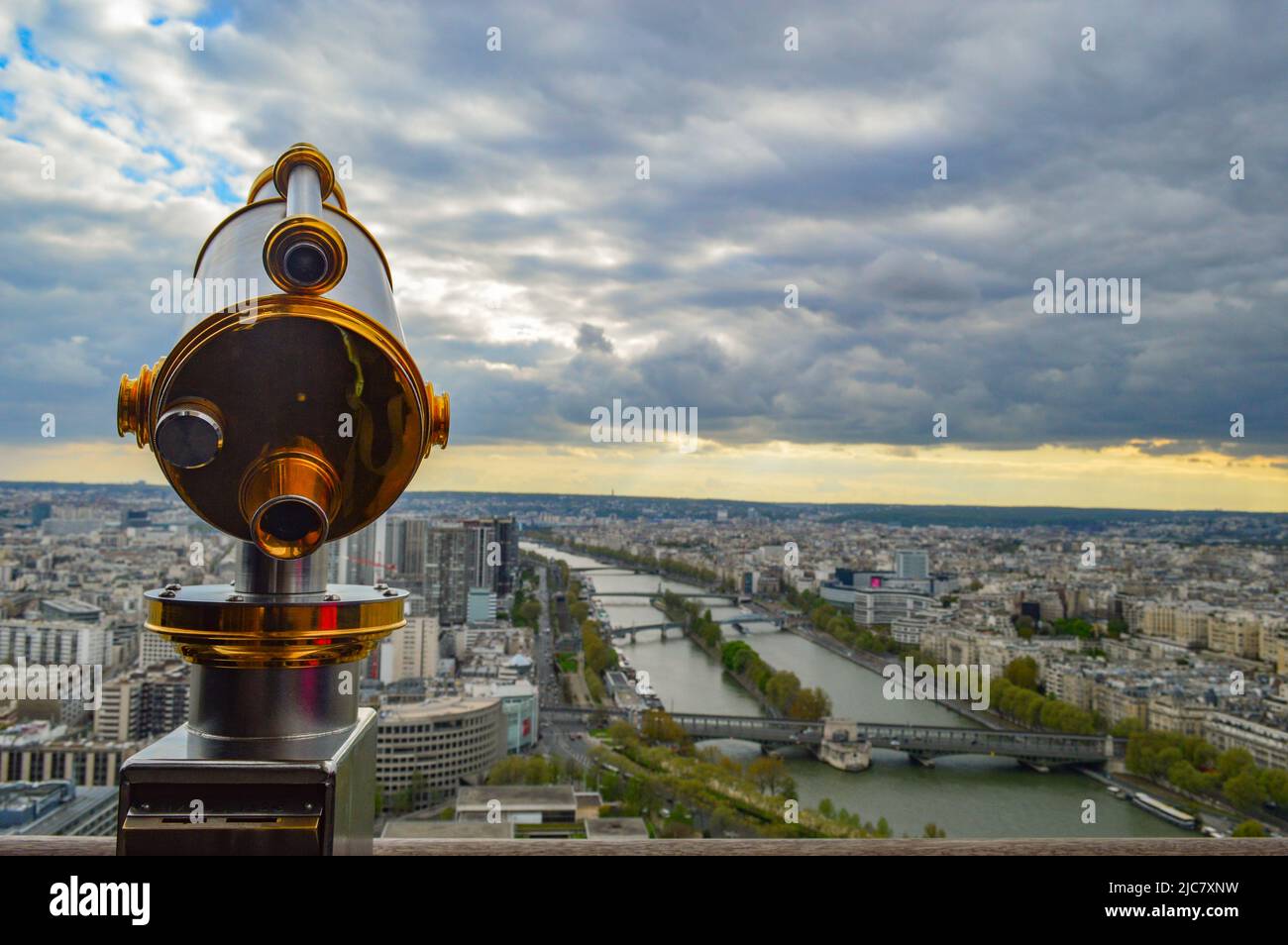 tourist lookout telescope with a view of Paris Stock Photo