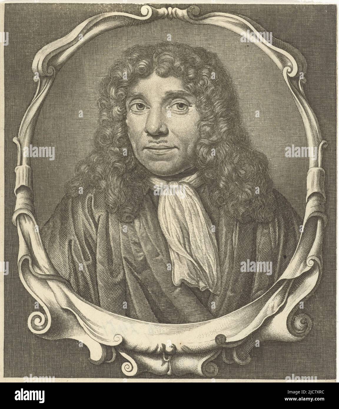 Portrait of Antonie van Leeuwenhoek, bust in oval frame with scroll ornaments, Portrait of Antonie van Leeuwenhoek Antonius a Leeuwenhoek Regiae Societatis Londinensis , print maker: Abraham de Blois, (mentioned on object), after: Jan Verkolje, (mentioned on object), Amsterdam, 1679 - 1717, paper, engraving, h 180 mm × w 140 mm Stock Photo