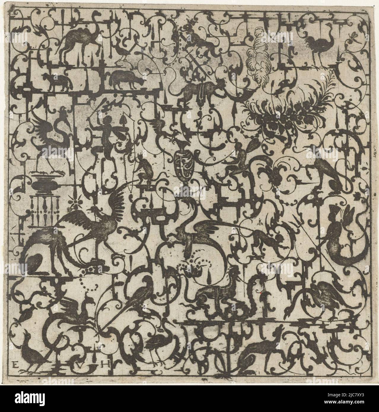 From set of 6 sheets, Schweifwerk with a jug in the center Schweifwerk ornaments for silversmiths , print maker: Esaias van Hulsen, (mentioned on object), Esaias van Hulsen, publisher: Esaias van Hulsen, Stuttgart, 1617, paper, etching, h 111 mm × w 109 mm Stock Photo