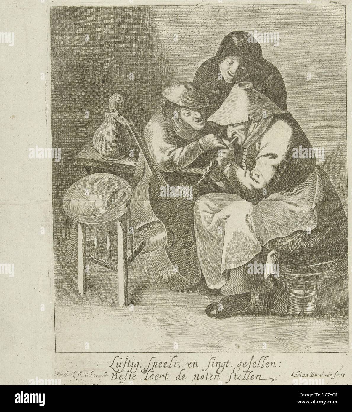 At a table in a farmhouse sit two men and an old woman. One of the men is teaching the woman to play the flute. On a chair lies a lute and against the table leans a gamba. Beneath the scene a Dutch verse, Interior of a farmhouse with two farmers and a farmer's wife playing the flute, Adriaen Brouwer, (mentioned on object), print maker: anonymous, print maker: Andries Both, (rejected attribution), Amsterdam, c. 1645 - c. 1706, paper, engraving, etching, h 253 mm × w 193 mm Stock Photo