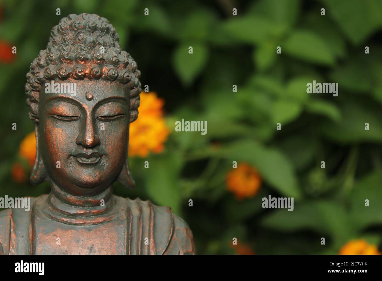 Buddha Statue in Garden with blurred flowers in background Stock Photo