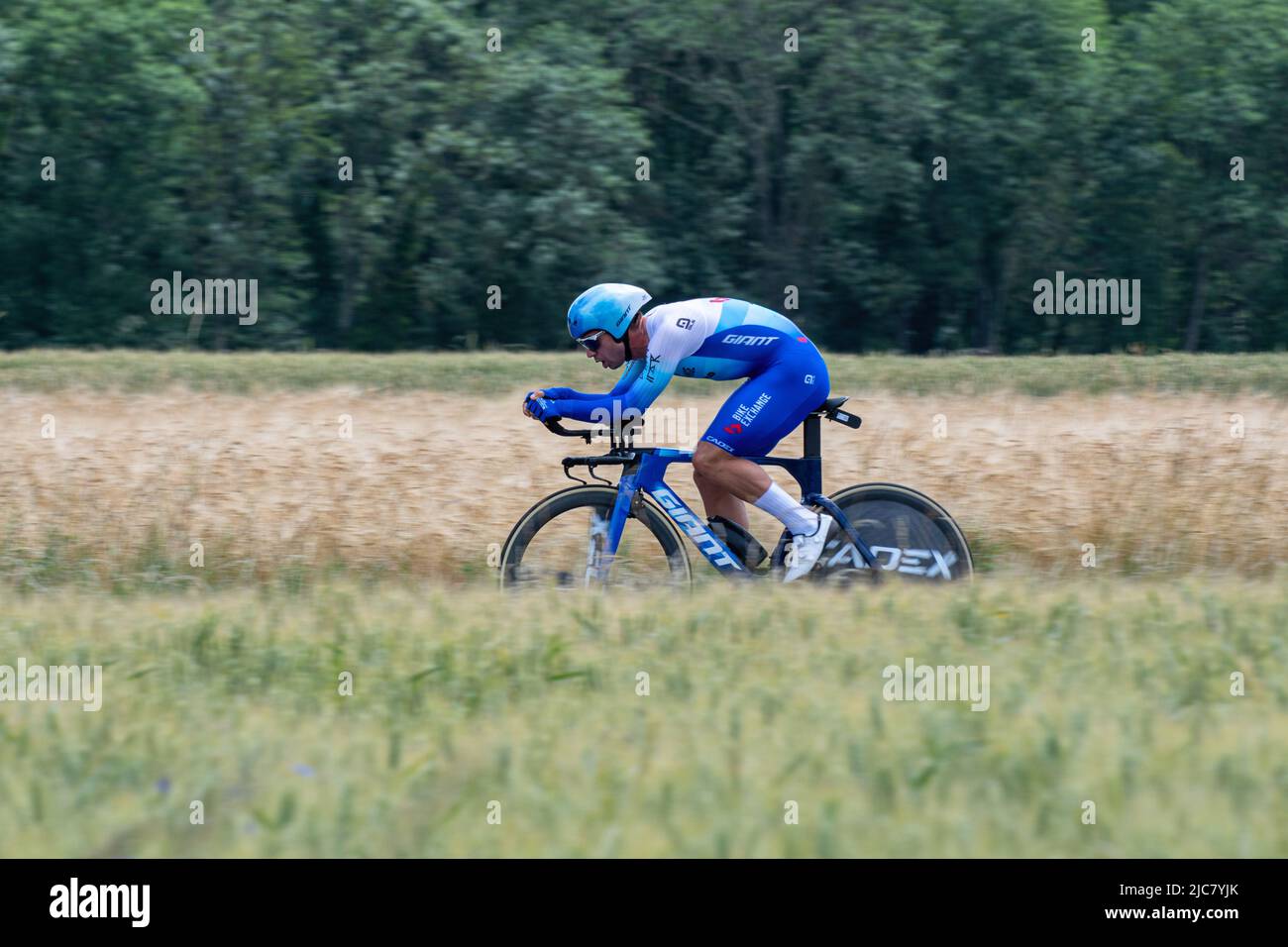 Montbrison, France. 08th June, 2022. Dylan Groenewegen (Bike Exchange - Jayco Team) seen in action during the 4th Stage of Criterium du Dauphine 2022. The fourth stage of the Criterium du Dauphine Libere is an individual time trial with a distance of 31.9 km between Montbrison and La Bâtie d'Urfé in the Loire department. The winner of the stage is Filippo Ganna (Ineos Grenadiers Team) in 35mn 32s. He is ahead of Wout Van Aert (Jumbo Visma Team), 2nd at 2s, and Eythan Hayter (Ineos Grenadiers Team) at 17s. Credit: SOPA Images Limited/Alamy Live News Stock Photo