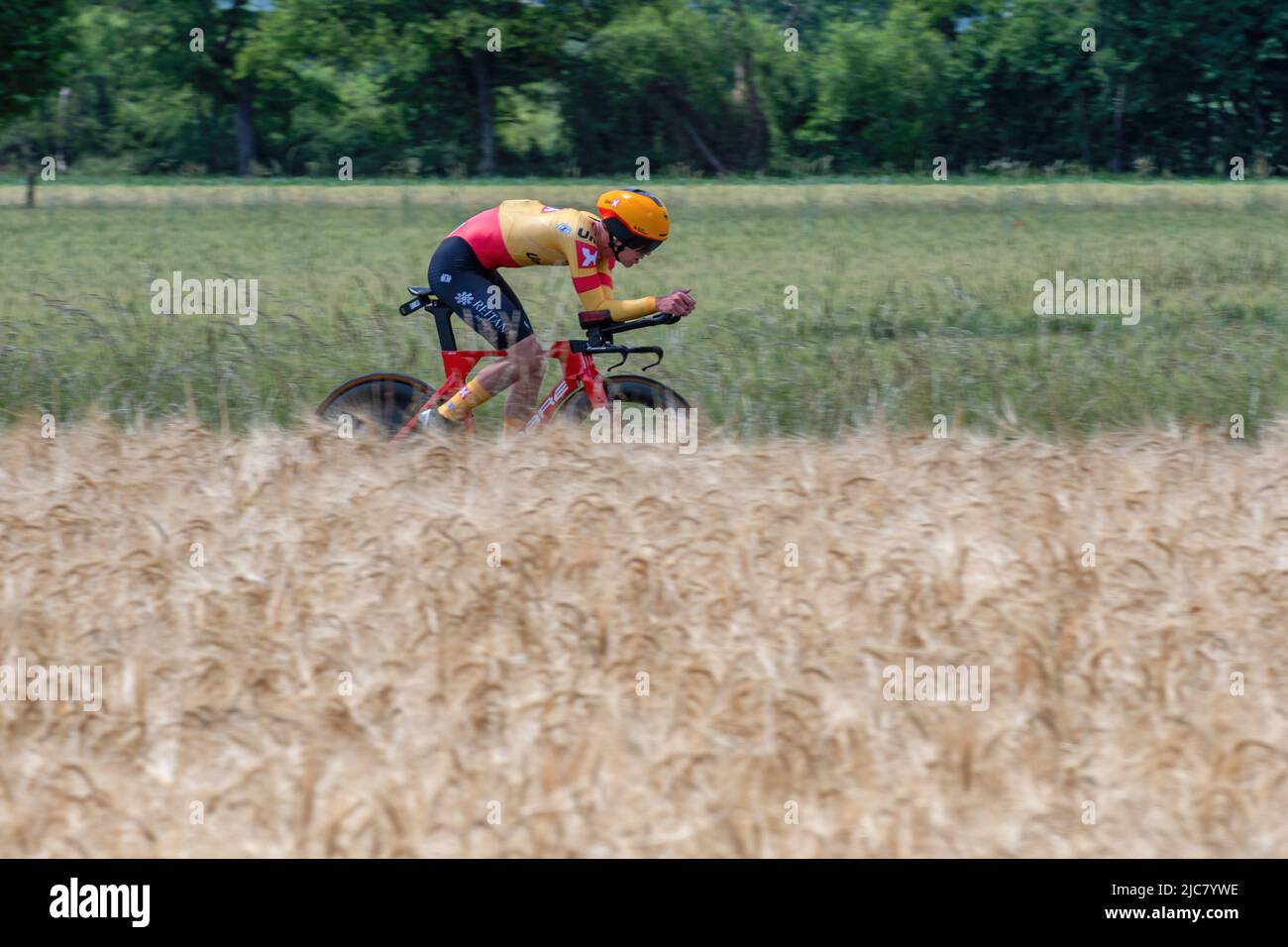 Montbrison, France. 08th June, 2022. Idar Andersen (Uno-X Pro Cycling Team) seen in action during the 4th Stage of Criterium du Dauphine 2022. The fourth stage of the Criterium du Dauphine Libere is an individual time trial with a distance of 31.9 km between Montbrison and La Bâtie d'Urfé in the Loire department. The winner of the stage is Filippo Ganna (Ineos Grenadiers Team) in 35mn 32s. He is ahead of Wout Van Aert (Jumbo Visma Team), 2nd at 2s, and Eythan Hayter (Ineos Grenadiers Team) at 17s. (Photo by Laurent Coust/SOPA Images/Sipa USA) Credit: Sipa USA/Alamy Live News Stock Photo