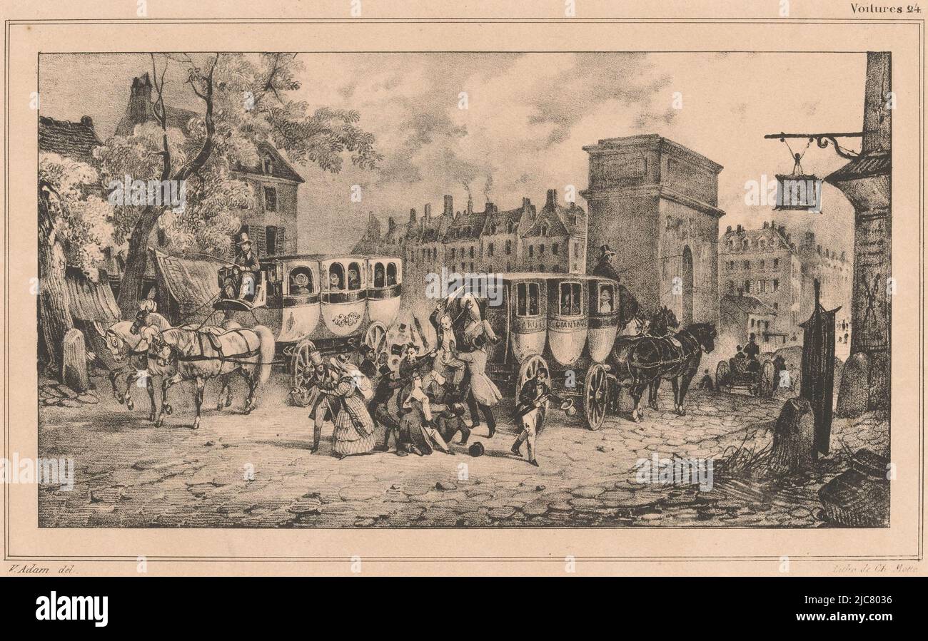An omnibus belonging to the 'Dame Blanche' company passes a general Parisian omnibus. In the foreground passengers are fighting with each other. General Paris omnibus and 'Dame Blanche' omnibus Omnibus et Dames Blanches All kinds of vehicles Panidocheme ou toutes sortes de voitures Voitures , print maker: Victor Adam, (mentioned on object), printer: Charles Etienne Pierre Motte, (mentioned on object), publisher: Charles Etienne Pierre Motte, (mentioned on object), Paris, 1828, paper, h 264 mm × w 345 mm Stock Photo