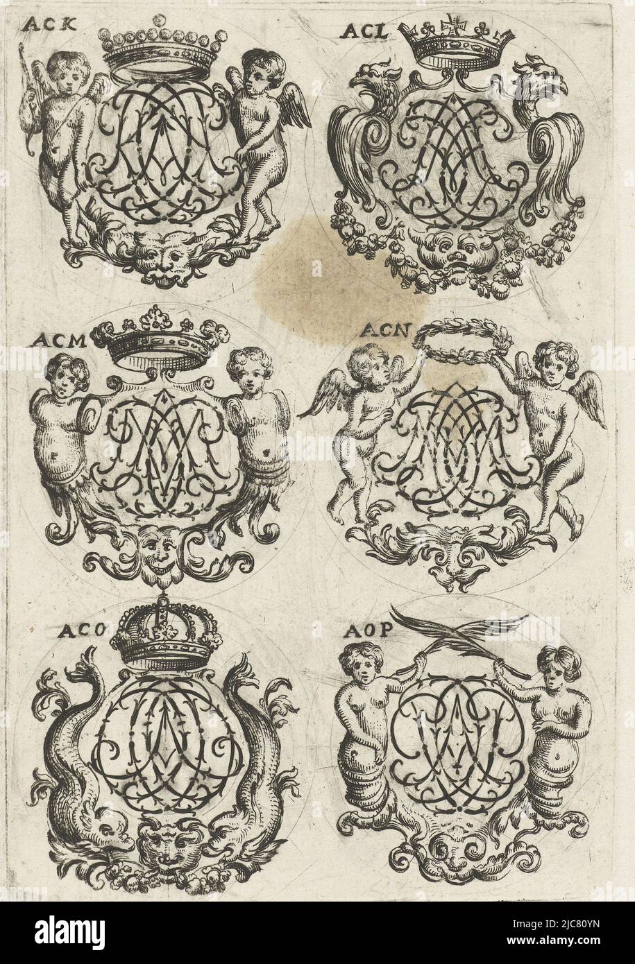 From series of 29 partly numbered sheets with numeral monograms, Six crowned cartouches with letter monograms (ACK-AOP) Livre nouveau et utile , print maker: Daniel de Lafeuille, intermediary draughtsman: Daniel de Lafeuille, publisher: Daniel de Lafeuille, Amsterdam, (possibly), c. 1690 - c. 1691, paper, engraving, h 140 mm × w 95 mm Stock Photo