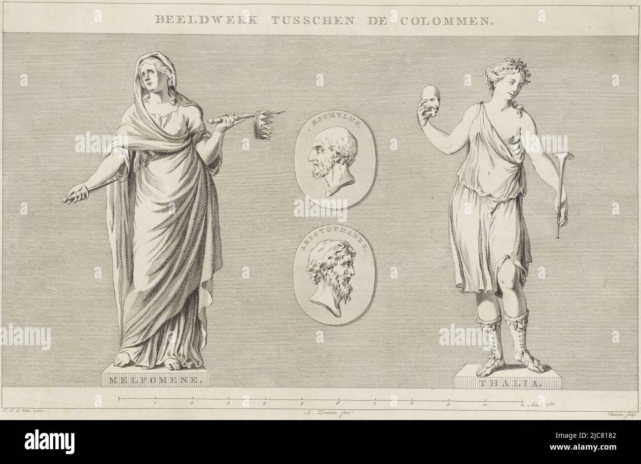 The muse of tragedy Melpomene with dagger, sceptre and crown and the muse of comedy Thalia with mask and trumpet. Between them two medallions depicting the tragedy poet Aeschylus and the comedy poet Aristophanes, Images from the Theatre of Amsterdam Sculpture between the columns , print maker: Reinier Vinkeles (I), (mentioned on object), Jacob Eduard de Witte, (mentioned on object), Amsterdam, 1774, paper, etching, engraving, h 330 mm × w 510 mm Stock Photo