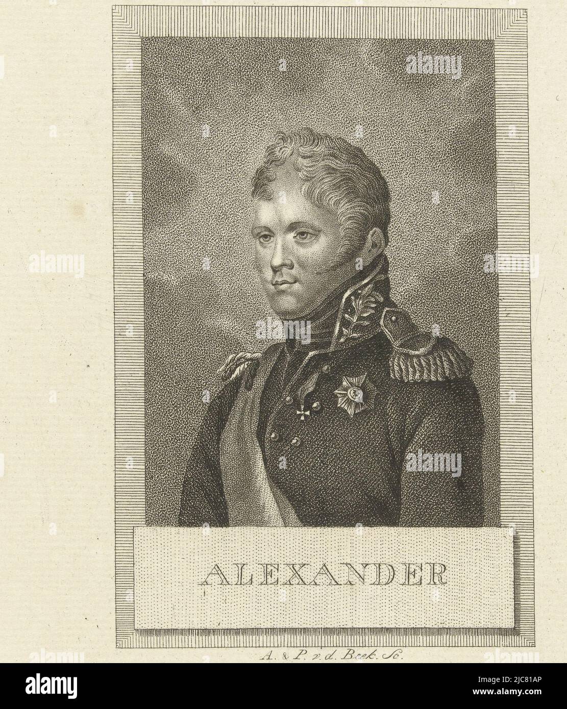 Portrait of Tsar Alexander I of Russia , print maker: Antonie en Pieter van der Beek, (mentioned on object), 1795 - 1821, paper, etching, h 212 mm × w 135 mm Stock Photo