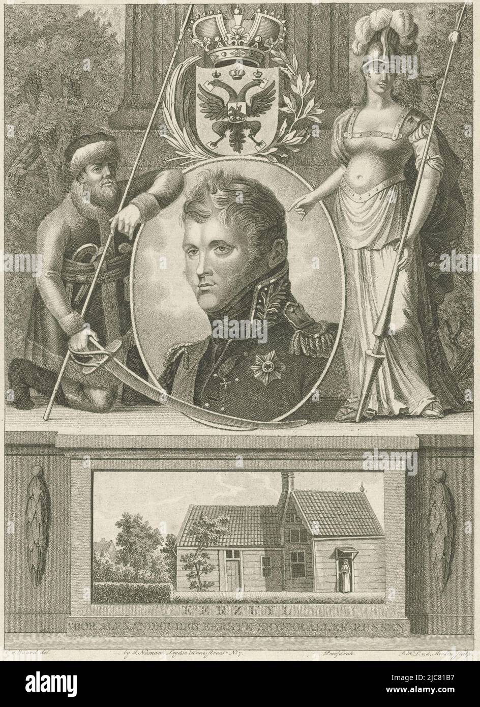 Portrait of Tsar Alexander I of Russia crowned with his coat of arms. To the left of the portrait a Russian warrior, to the right Minerva. Below on the base the wooden house of Tsar Peter I the Great at Zaandam, Portrait of Tsar Alexander I of Russia, print maker: Pieter van der Meulen, (mentioned on object), intermediary draughtsman: C. van Waard, (mentioned on object), publisher: Jan F. Numan, (mentioned on object), Amsterdam, 1801 - 1803, paper, h 359 mm × w 259 mm Stock Photo