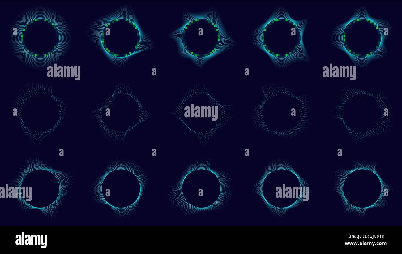 Set of technology abstrcat blue circles elements wave lines on dark background. Vector illustration Stock Vector