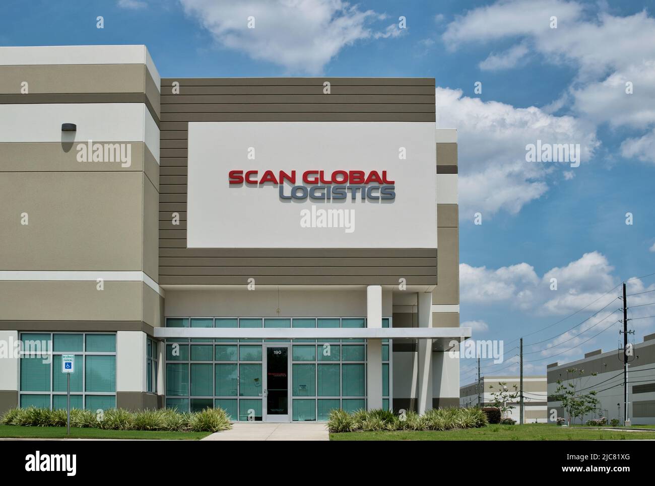 Houston, Texas USA 06-05-2022: Scan Global Logistics business storefront and main entrance in Houston TX. Freight forwarding company founded in 2007. Stock Photo
