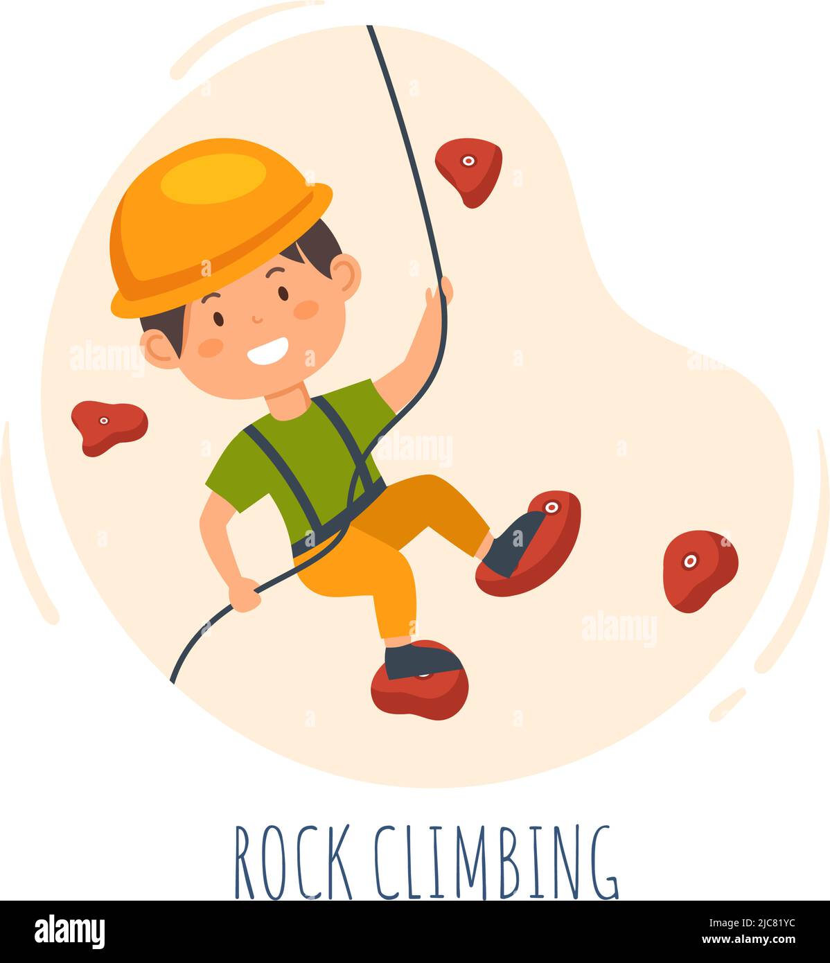 Rock Climbing with Climber Cute Kids Climbs Wall on Background Flat