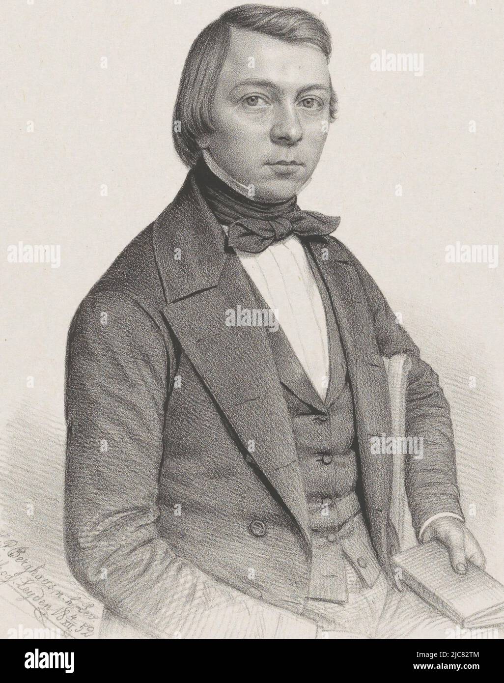 The person portrayed is sitting on a chair and holds a book in his left hand. Both hands rest on his thighs. Portrait of B. Boks, print maker: Johann Peter Berghaus, (mentioned on object), Johann Peter Berghaus, (mentioned on object), Leiden, 4-Dec-1852, paper, h 438 mm - w 302 mm Stock Photo