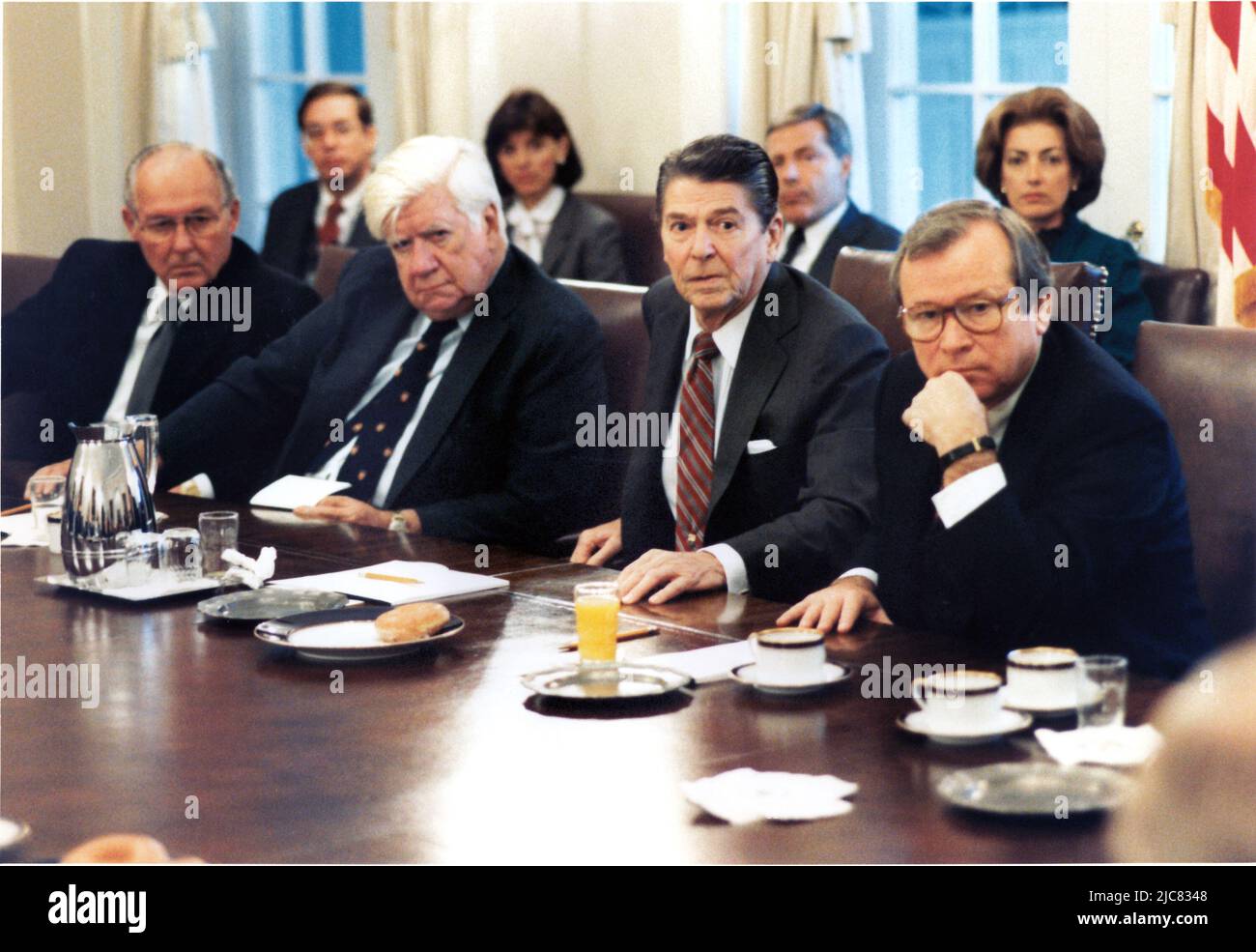 Jan. 11, 2010 - Washington, District of Columbia, United States of America - United States President Ronald Reagan meets with Congressional Leadership in the Cabinet Room of the White House in Washington, DC on Tuesday, October 25, 1983 to discuss the invasion of Grenada. From left to right: U.S. House Minority Leader Robert Michel (Republican of Illinois); Speaker of the U.S. House Thomas P. ''Tip'' O'Neill (Democrat of Massachusetts); President Reagan; and U.S. Senate Majority Leader Howard Baker (Republican of Tennessee).Mandatory Credit: Michael Evans - White House via CNP (Credit Imag Stock Photo