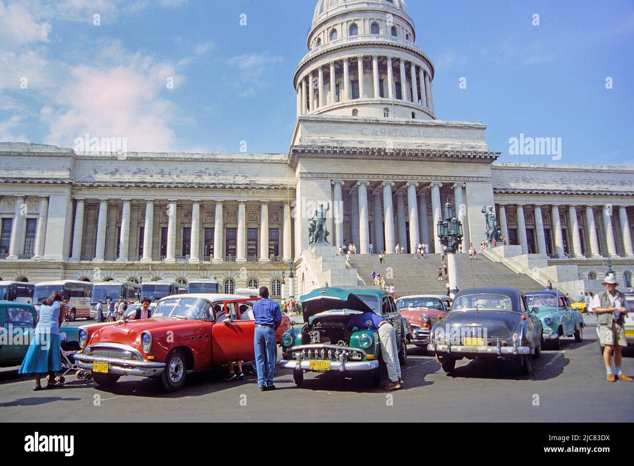 Classic cars at the Capitol, old town of Havana, Cuba, Caribbean Stock Photo