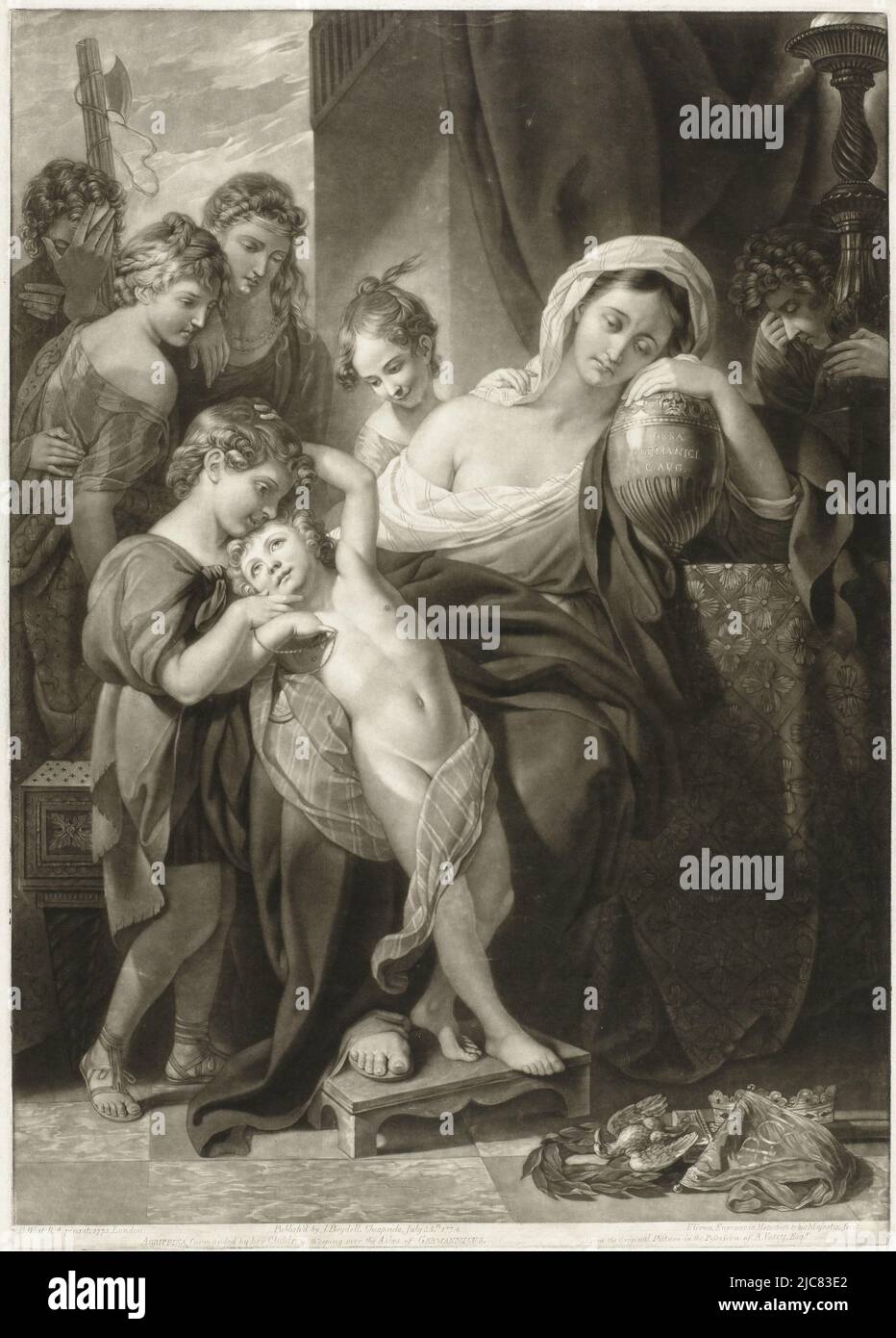 Agrippina the Elder mourning over the Ashes of Germanicus Agrippina, surrounded by her Children, weeping over the Ashes of Germannicus , print maker: Valentine Green, (mentioned on object), after: Benjamin West, (mentioned on object), publisher: John Boydell, (mentioned on object), London, Jul-1774, paper, etching, h 602 mm × w 429 mm Stock Photo