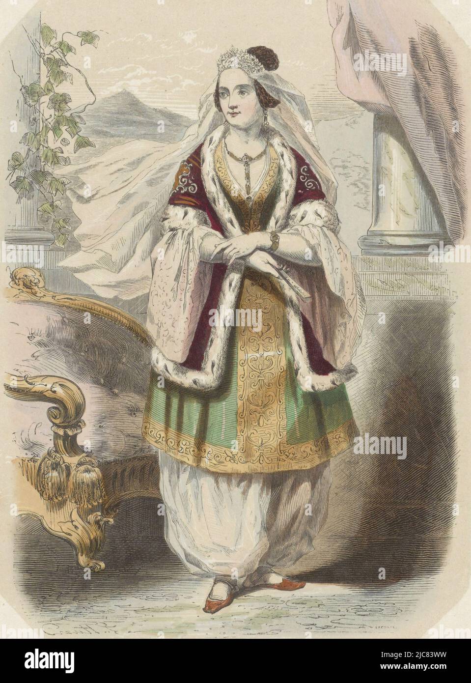 Portrait of Amalia of Oldenburg, Queen of Greece, print maker: J.L. Lacoste, (mentioned on object), Huart, (mentioned on object), Netherlands, 1852 - 1869, paper, h 277 mm - w 185 mm Stock Photo