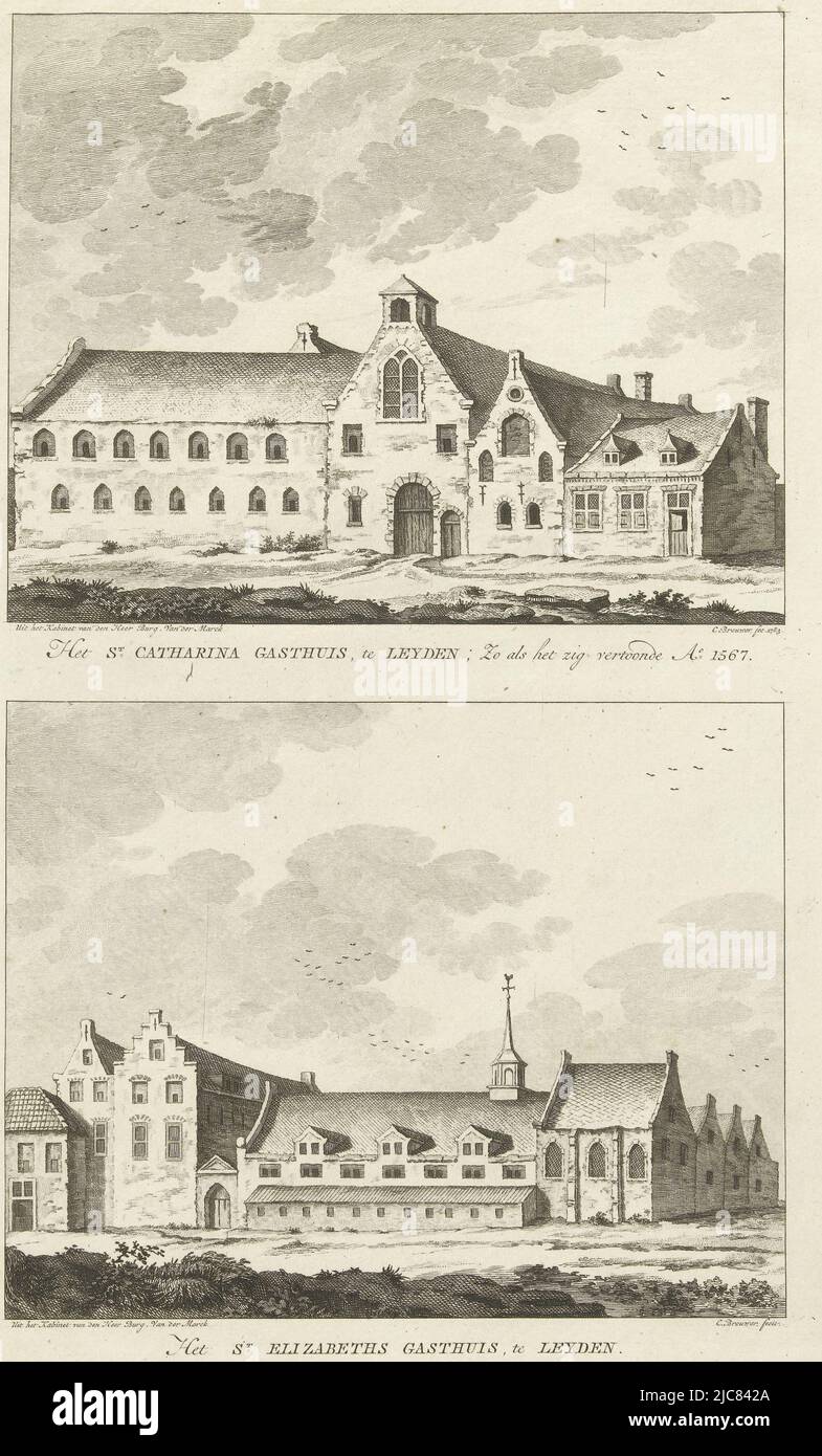 Two views of convents in Leiden: St Catharina's guest house anno 1567 and Elisabeth's guest house The St Catharina's guest house, in Leyden, as it appeared Ao 1567 The St Elizabeth's guest house, in Leyden , print maker: Cornelis Brouwer, (mentioned on object), intermediary draughtsman: unknown, (mentioned on object), Netherlands, 1783, paper, etching, h 307 mm × w 190 mm Stock Photo