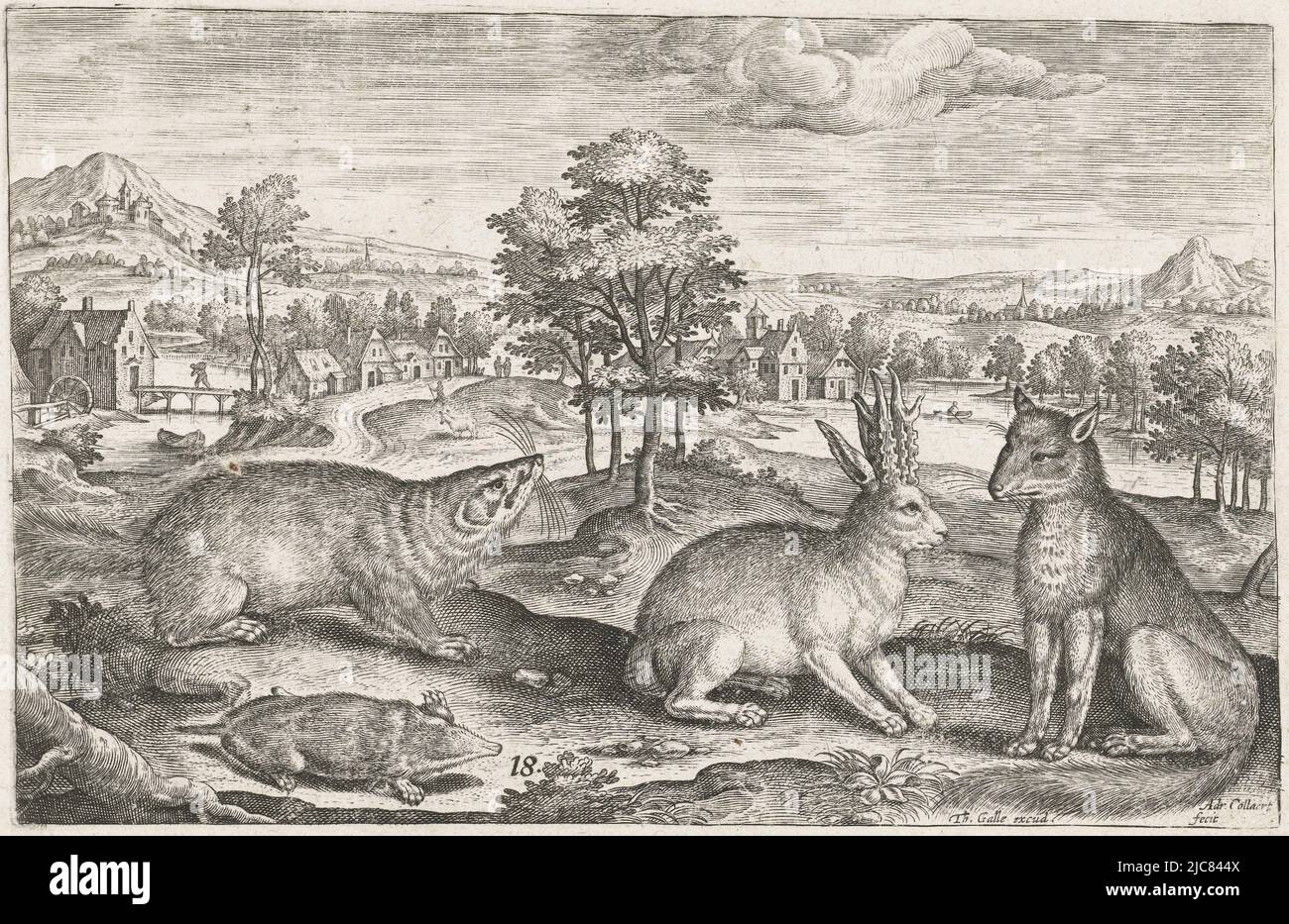 In the foreground a fox, a mole, a badger and a horned hare. In the background a landscape with a village. The print is part of a series with animals as subject, Forest animals Four legged animals Animalivm Qvaddrvpedvm , print maker: Adriaen Collaert, (mentioned on object), Adriaen Collaert, publisher: Theodoor Galle, (mentioned on object), Antwerp, 1595 - 1599, paper, engraving, h 121 mm × w 189 mm Stock Photo