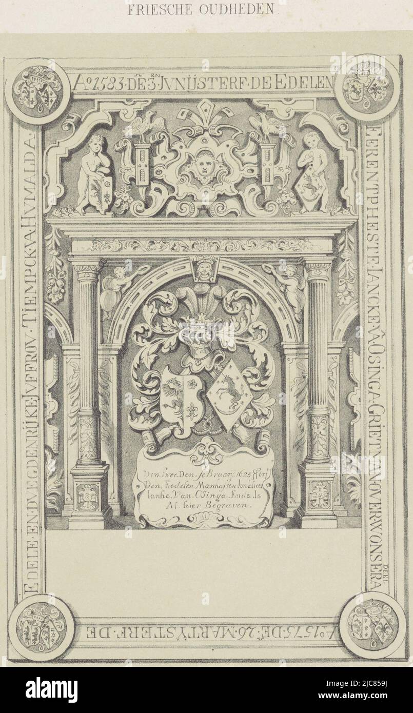The tomb is decorated with an architectural structure consisting of columns and a cornice. Inside are family crests, plant motifs and putti, Gravestone in the church at Schettens of Janke Osinga and his wife Tjemk van Humalda Gravestone in the church at Schettens of Janke van Osinga , print maker: anonymous, Albert Martin, (mentioned on object), printer: P. Blommers (Steendrukkerij van), (mentioned on object), The Hague, 1871 and/or 1875, paper, h 360 mm × w 270 mm Stock Photo