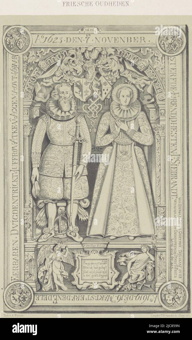 The grave belongs to a couple, they are depicted side by side on the grave. He is carrying a sword, she has her hands crossed in front of her chest. At the bottom two personifications of time, Gravestone in the church at Schettens Gravestone in the church at Schettens vna Sijbrandt van Osinga , print maker: anonymous, Albert Martin, printer: P. Blommers (Steendrukkerij van), The Hague, 1871 and/or 1875, paper, h 360 mm × w 272 mm Stock Photo