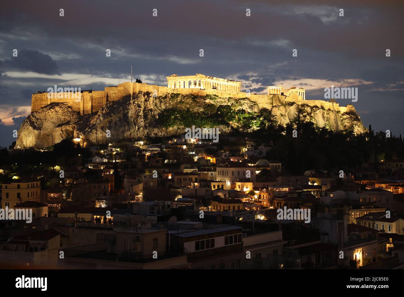 Sunset Parthenon drone aerial view, Acropolis, cityscape of historical ...