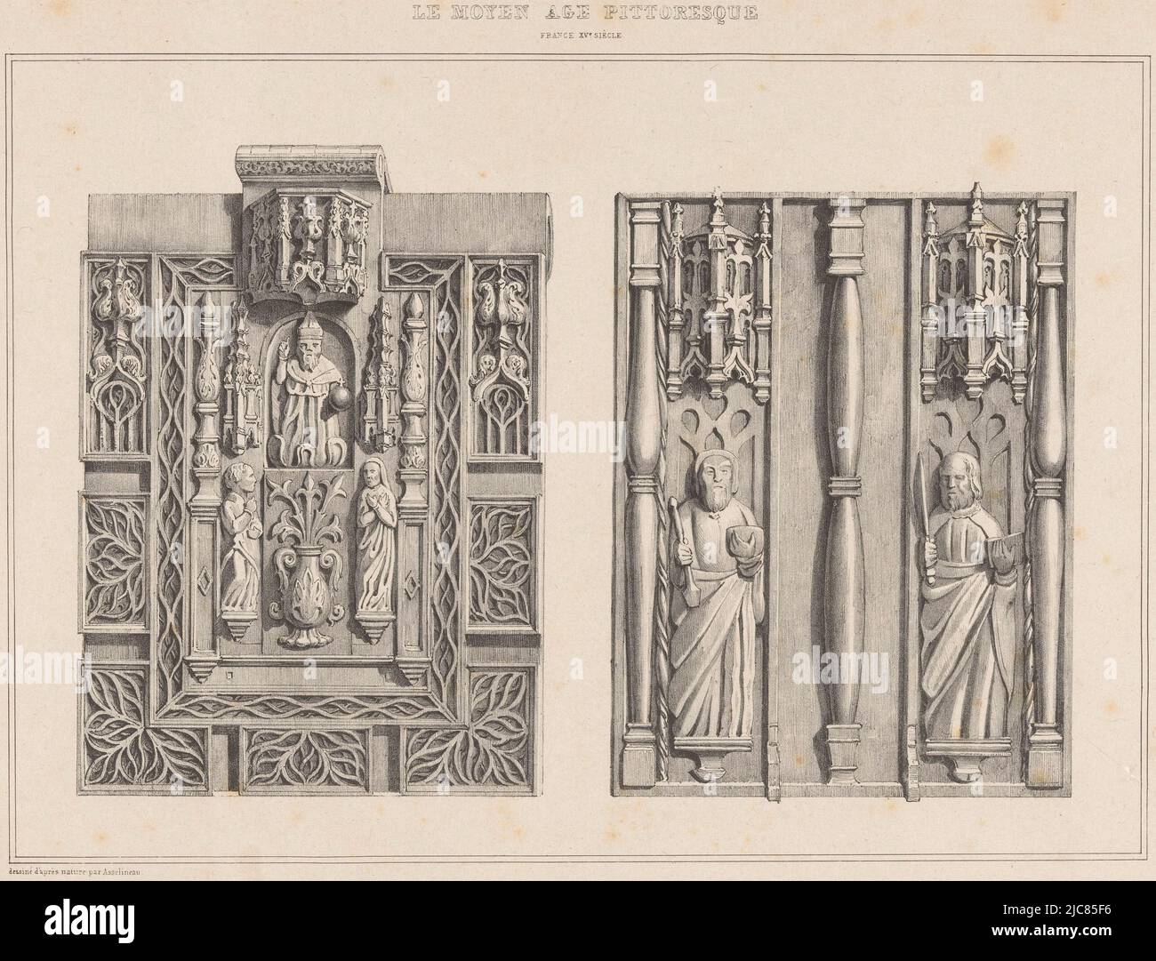Image of two fifteenth century locks depicting biblical figures in relief from the collection of the French collector Charles Sauvageot (1781-1860), Locks with biblical figures in relief Serrures de la collection de mr. Sauvageot Le Moyen Age pittoresque , print maker: Léon Auguste Asselineau, (mentioned on object), intermediary draughtsman: Léon Auguste Asselineau, (mentioned on object), printer: Benard Lemercier & Cie, (mentioned on object), print maker: Rouen, intermediary draughtsman: Rouen, printer: Paris, publisher: Paris, 1837 - 1839, paper, h 300 mm × w 446 mm Stock Photo