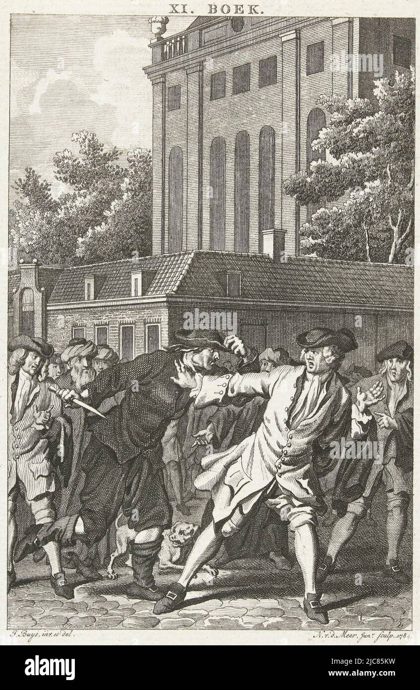 Baruch de Spinoza threatened by an angry mob in the street near the Portuguese Synagogue in Amsterdam, 1667, Spinoza threatened by an angry mob in Amsterdam, 1667 Spinoza in mortal danger, in Amsterdam , print maker: Noach van der Meer (II), (mentioned on object), intermediary draughtsman: Jacobus Buys, (mentioned on object), Northern Netherlands, 1784, paper, etching, h 158 mm × w 105 mm Stock Photo